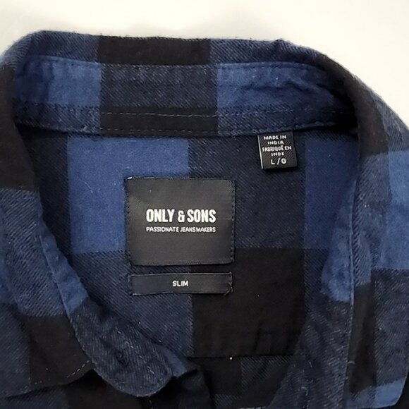 Only & Sons Men's Button Up Flannel Cotton Shirt Slim Blue Black Checkered Sz L - Picture 6 of 12